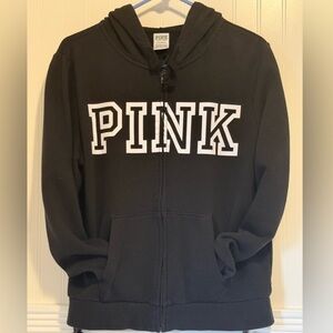 PINK Victoria's Secret Black Zip Front Hoodie with White Logo
